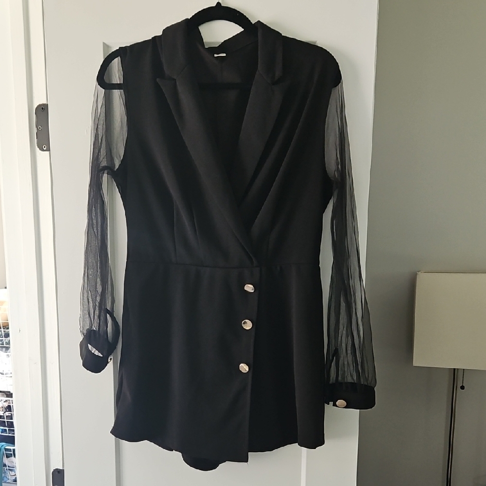 Elegant Black Blazer Romper with Sheer Sleeves